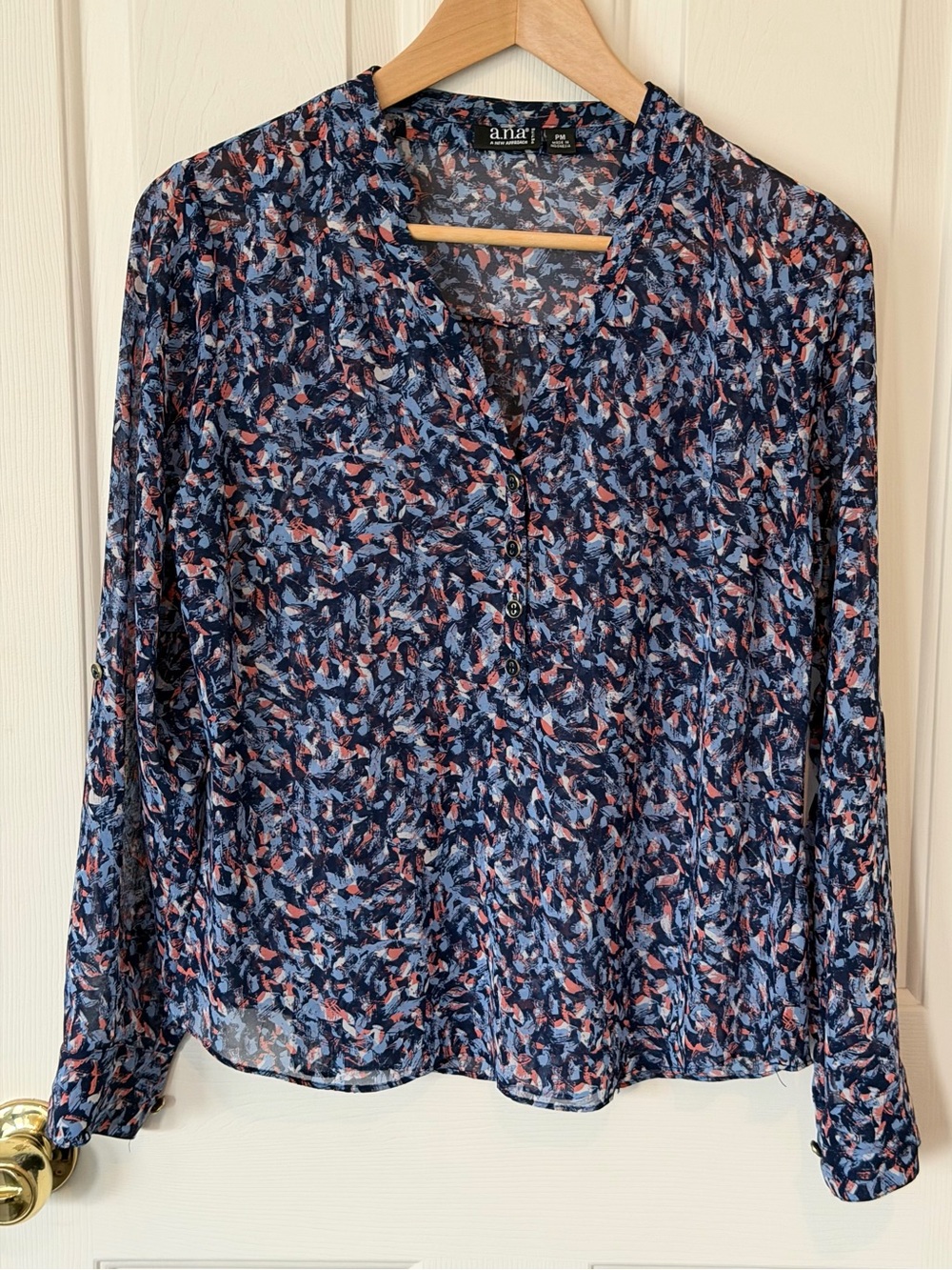 a.n.a Navy and Pink Abstract Floral Long-Sleeve Blouse